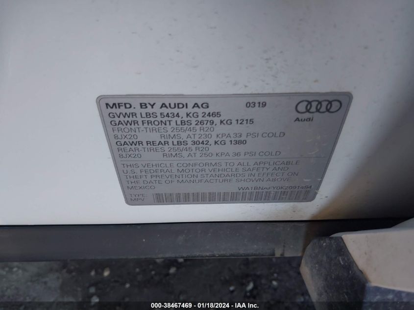 2019 AUDI Q5 PREMIUM PLUS - WA1BNAFY0K2091494