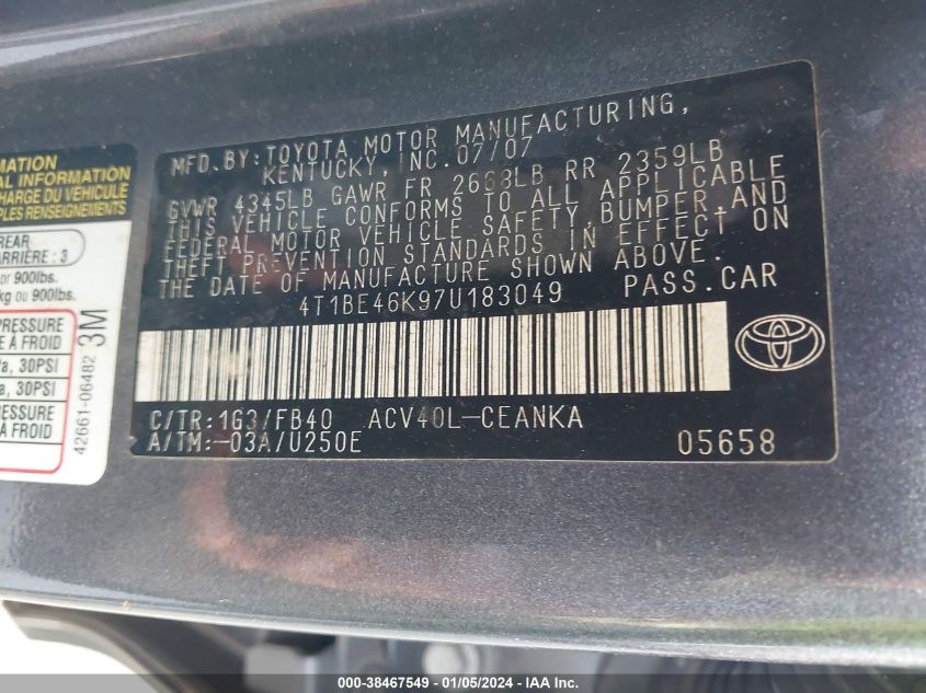 4T1BE46K97U183049 | 2007 TOYOTA CAMRY