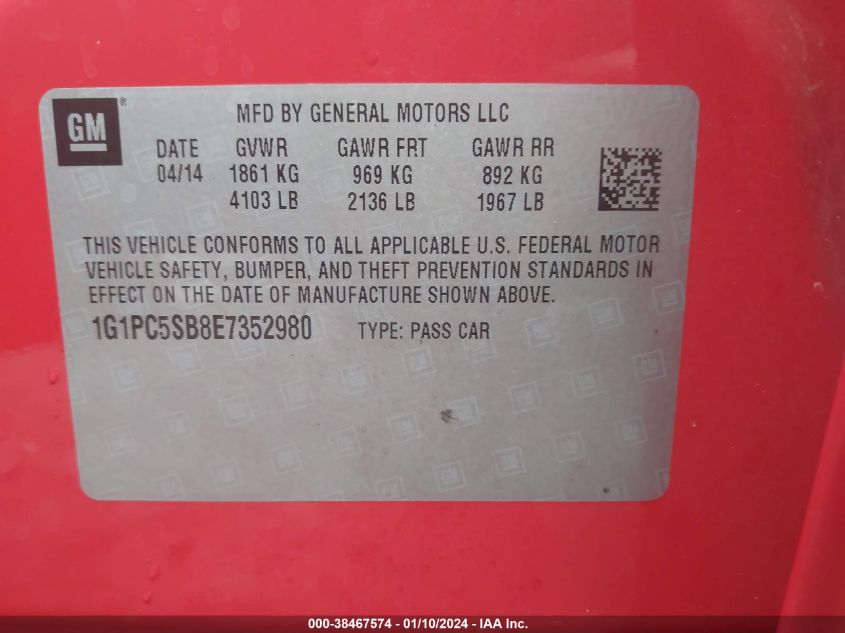 2014 CHEVROLET CRUZE LT - 1G1PC5SB8E7352980
