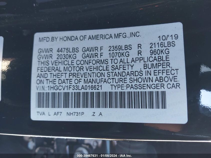 2020 HONDA ACCORD SPORT - 1HGCV1F33LA016621