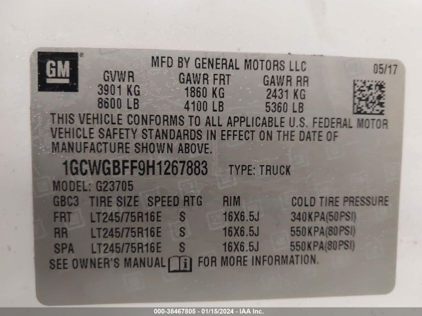 2017 CHEVROLET EXPRESS 2500 WORK VAN 1GCWGBFF9H1267883