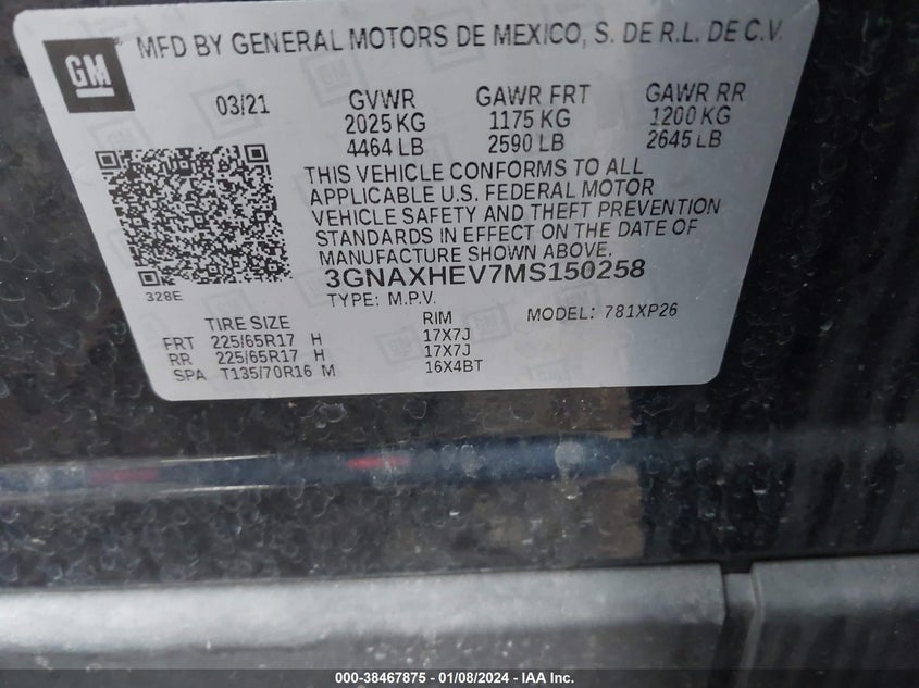 VIN 3GNAXHEV7MS150258 2021 CHEVROLET EQUINOX LS