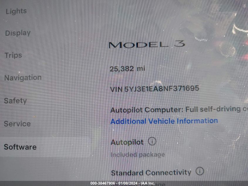 5YJ3E1EA8NF371695 | 2022 TESLA MODEL 3