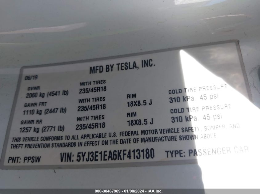 2019 TESLA MODEL 3 - 5YJ3E1EA6KF413180
