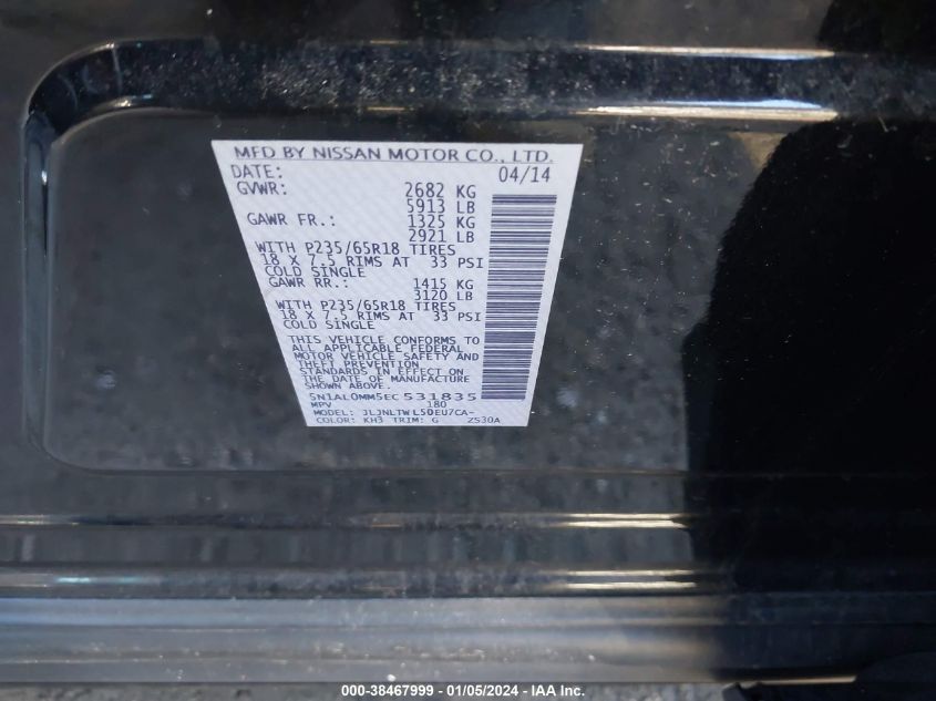 2014 INFINITI QX60 - 5N1AL0MM5EC531835