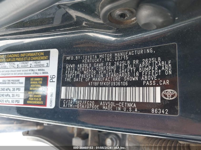 2015 TOYOTA CAMRY LE - 4T1BF1FK0FU936106