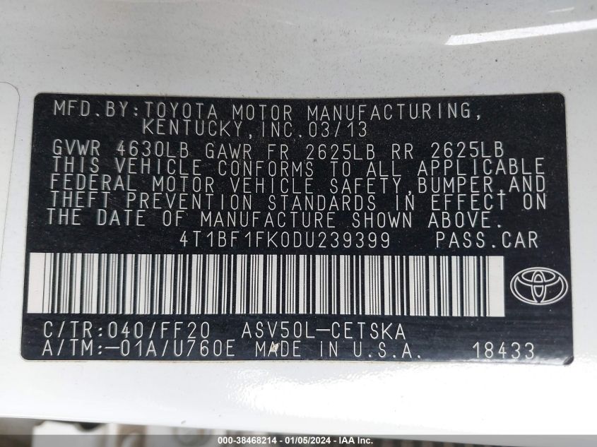 2013 TOYOTA CAMRY SE - 4T1BF1FK0DU239399