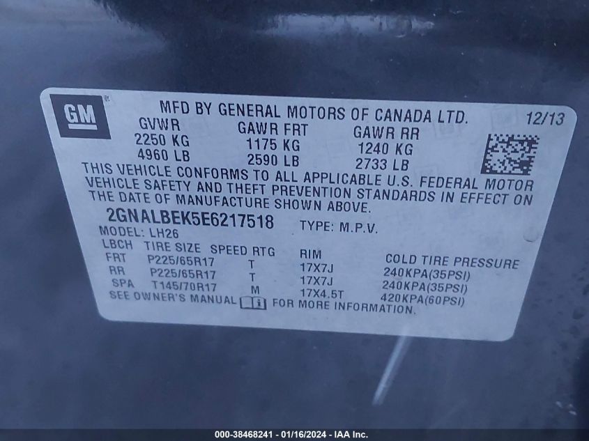 2014 CHEVROLET EQUINOX LT - 2GNALBEK5E6217518
