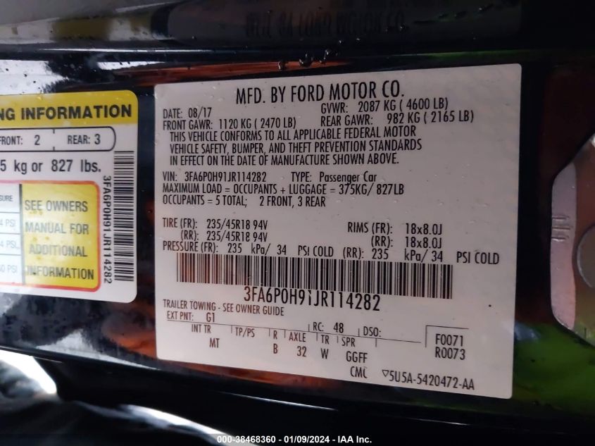 2018 FORD FUSION SE - 3FA6P0H91JR114282