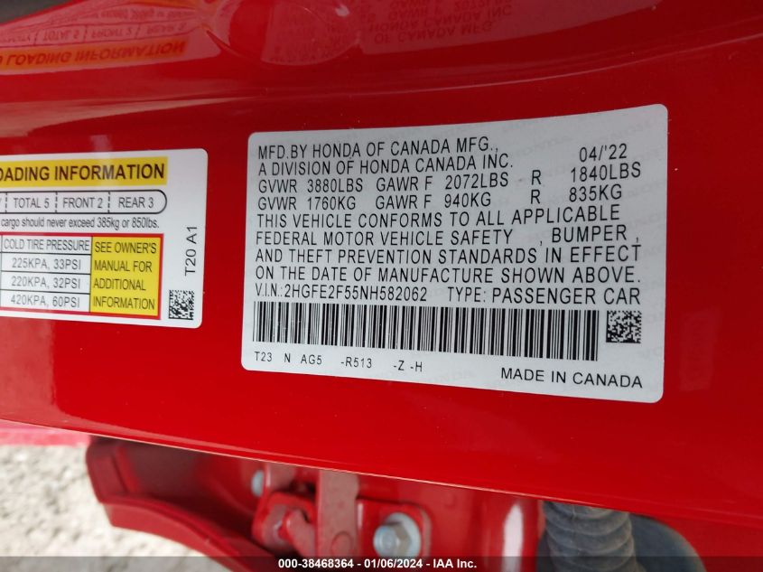 2022 HONDA CIVIC SPORT - 2HGFE2F55NH582062