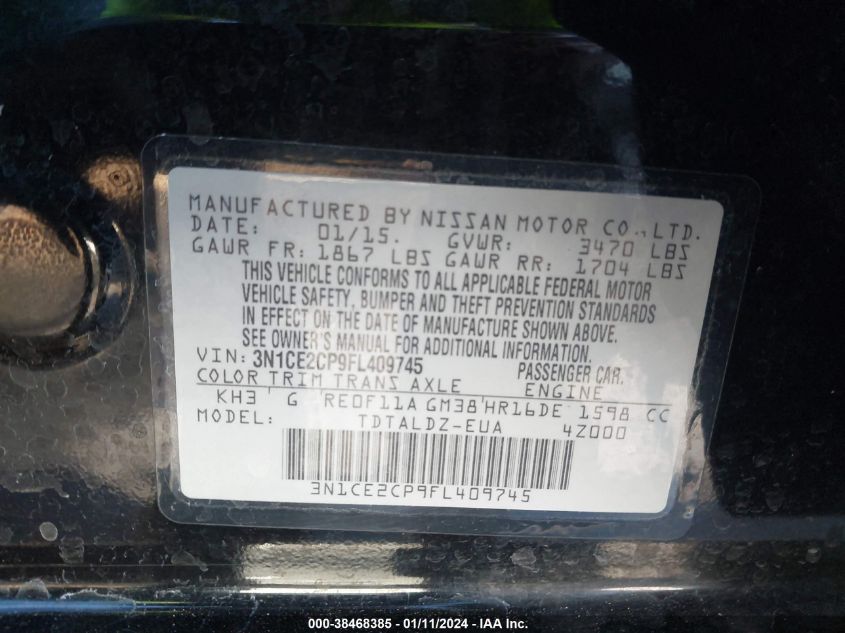 2015 NISSAN VERSA NOTE S/S PLUS/SL/SR/SV - 3N1CE2CP9FL409745