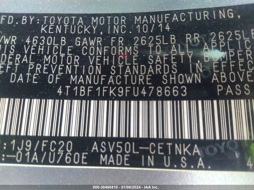2015 TOYOTA CAMRY LE - 4T1BF1FK9FU478663