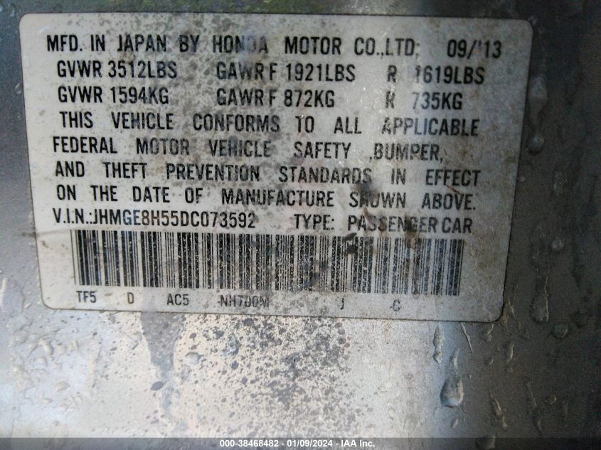 2013 HONDA FIT SPORT - JHMGE8H55DC073592