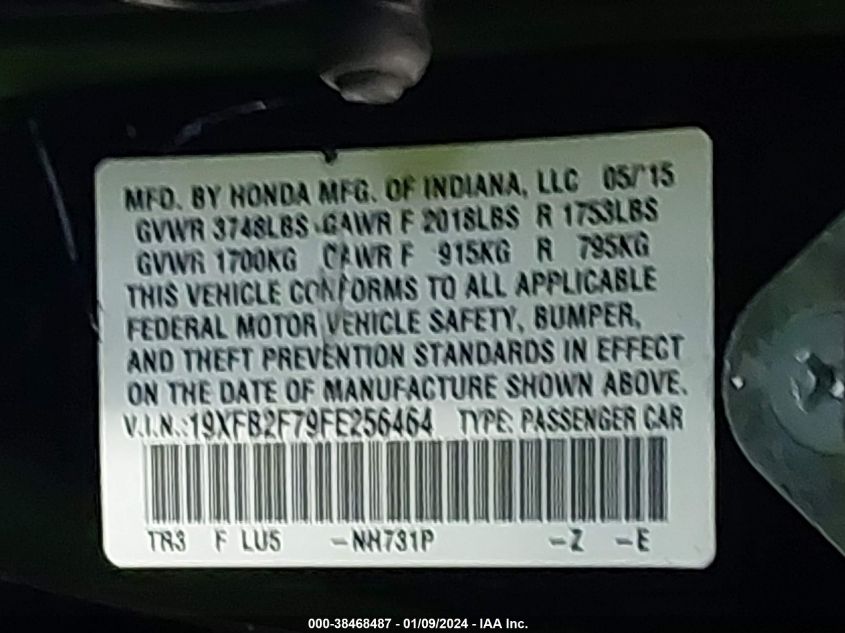 2015 HONDA CIVIC SE - 19XFB2F79FE256464