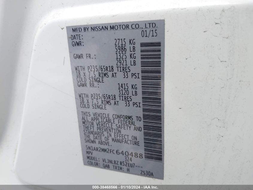 2015 NISSAN PATHFINDER S - 5N1AR2MM2FC640488