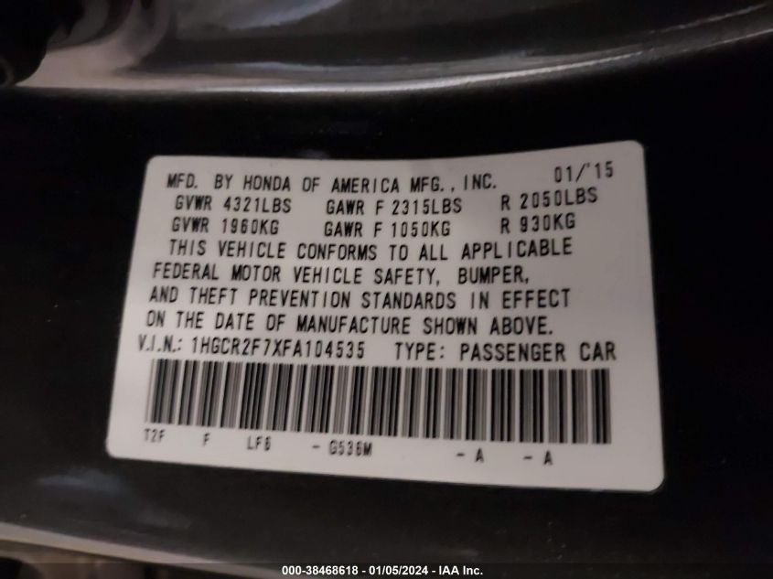 2015 HONDA ACCORD EX - 1HGCR2F7XFA104535