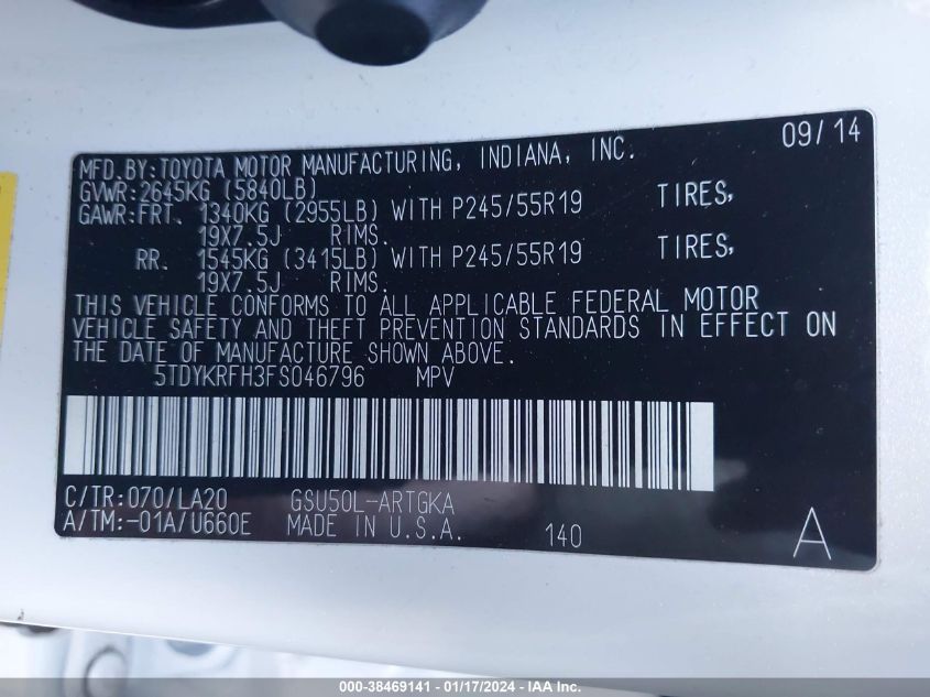 2015 TOYOTA HIGHLANDER LIMITED/LTD PLATINUM - 5TDYKRFH3FS046796