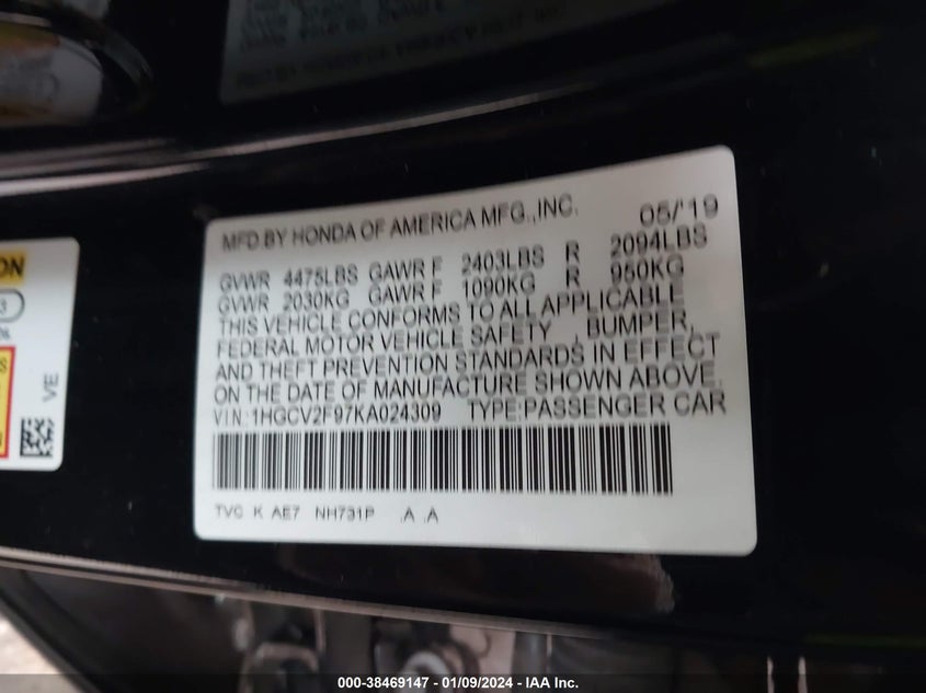 VIN 1HGCV2F97KA024309 2019 HONDA ACCORD TOURING