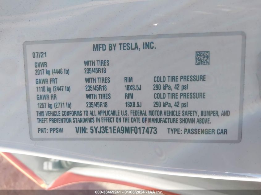 2021 TESLA MODEL 3 STANDARD RANGE PLUS REAR-WHEEL DRIVE - 5YJ3E1EA9MF017473