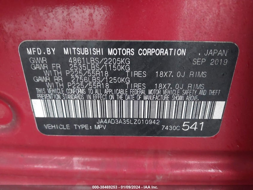 VIN JA4AD3A35LZ010942 2020 MITSUBISHI OUTLANDER SE/SEL/LE