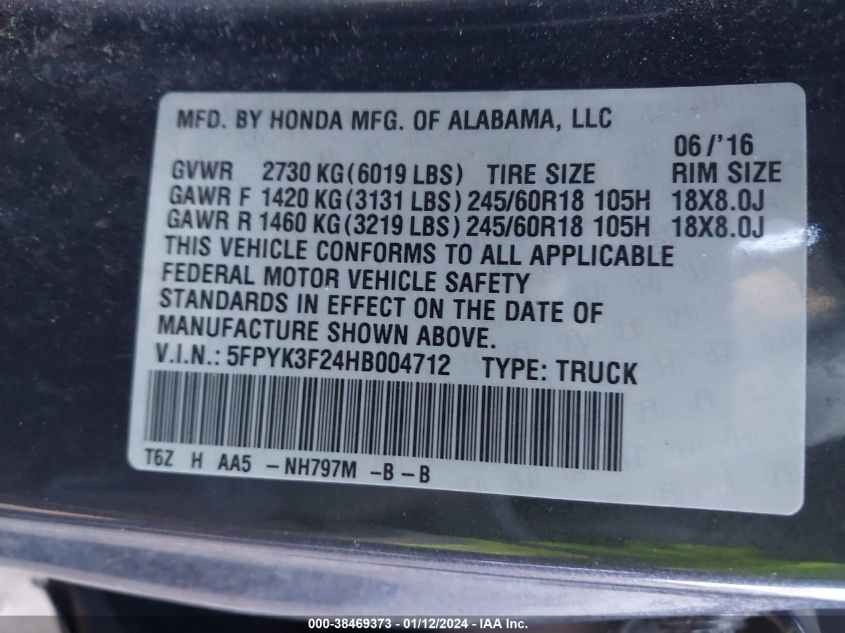 2017 HONDA RIDGELINE RT - 5FPYK3F24HB004712
