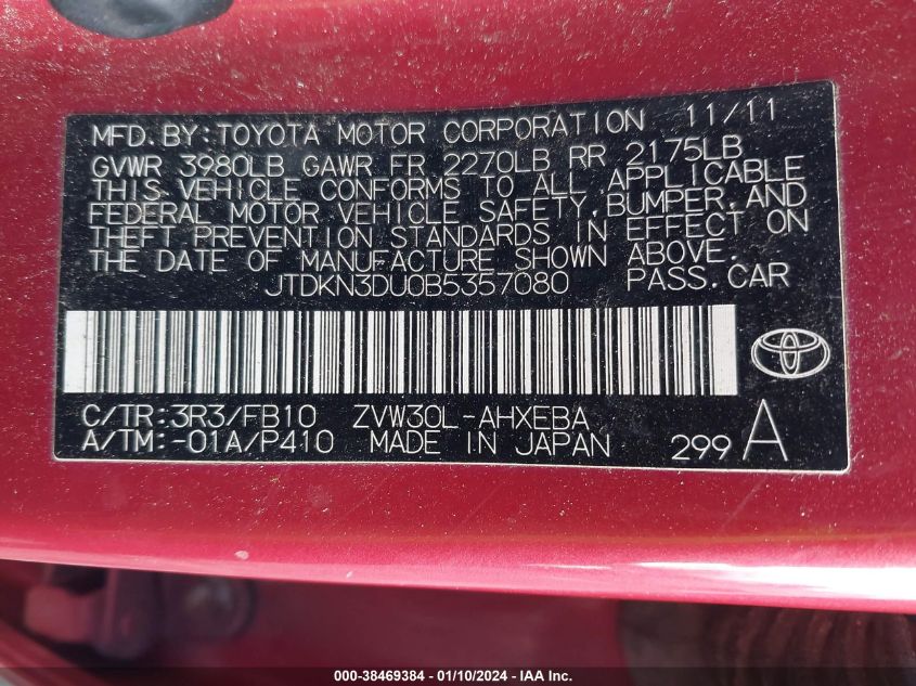 JTDKN3DU0B5357080 | 2011 TOYOTA PRIUS