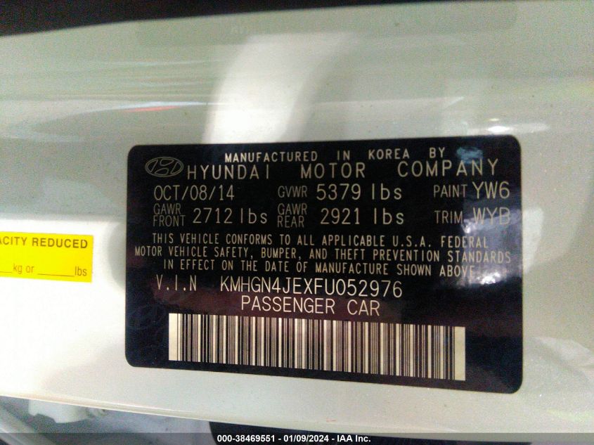 2015 HYUNDAI GENESIS 3.8L - KMHGN4JEXFU052976