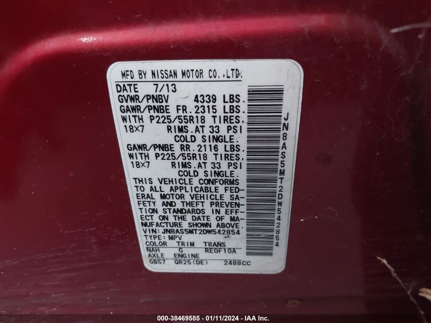 2013 NISSAN ROGUE S/SV - JN8AS5MT2DW542854