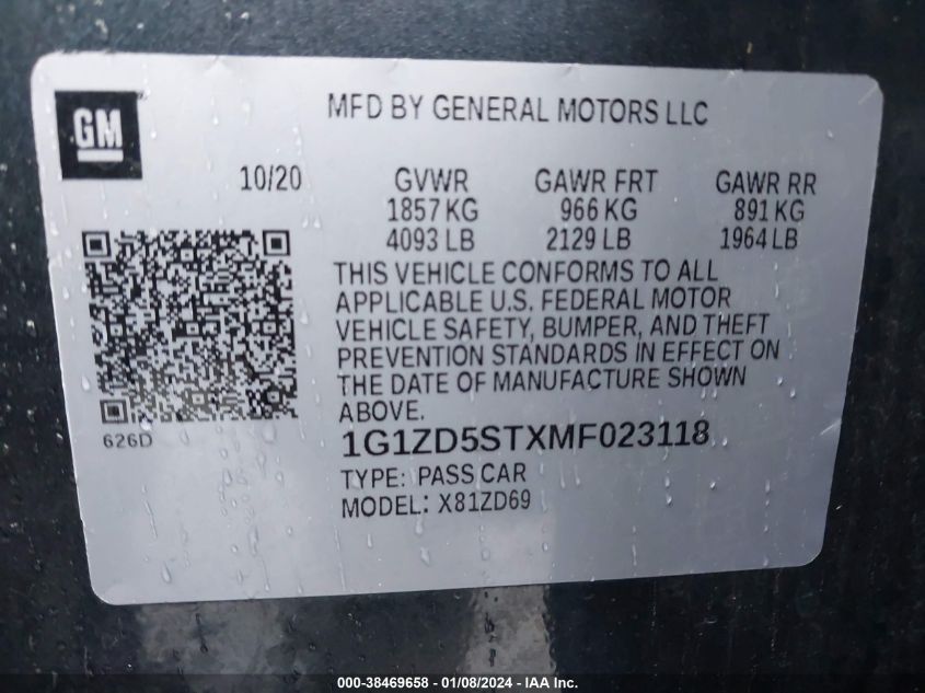 2021 CHEVROLET MALIBU FWD LT - 1G1ZD5STXMF023118