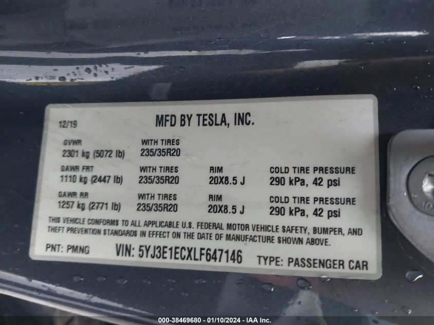 2020 TESLA MODEL 3 PERFORMANCE DUAL MOTOR ALL-WHEEL DRIVE - 5YJ3E1ECXLF647146