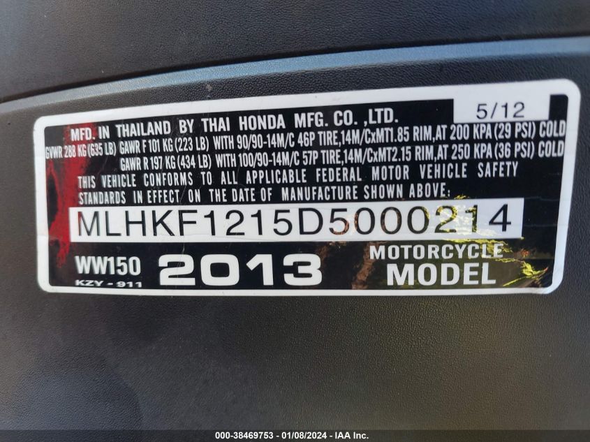 2013 HONDA PCX 150 MLHKF1215D5000214
