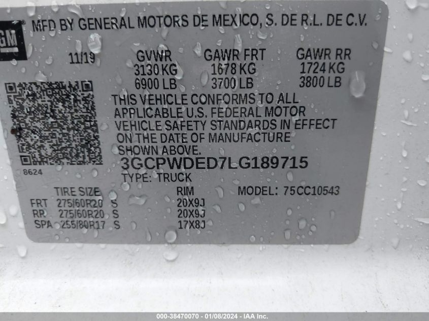 2020 CHEVROLET SILVERADO 1500 2WD  SHORT BED RST - 3GCPWDED7LG189715