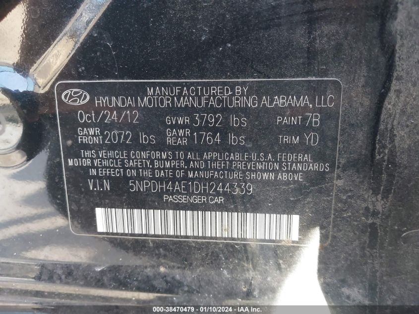 2013 HYUNDAI ELANTRA LIMITED - 5NPDH4AE1DH244339