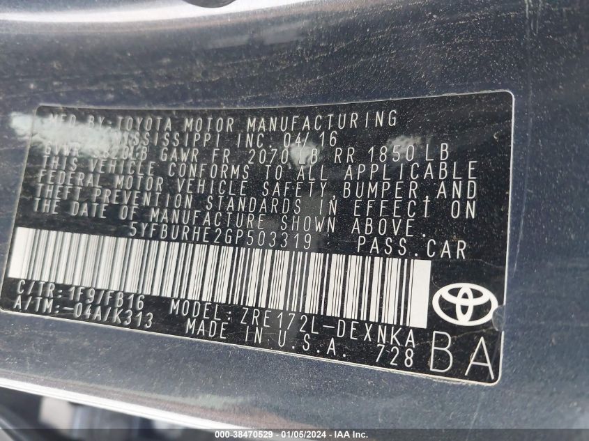 2016 TOYOTA COROLLA LE - 5YFBURHE2GP503319
