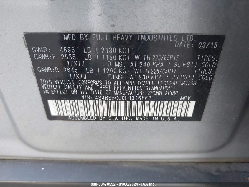 2015 SUBARU OUTBACK 2.5I PREMIUM - 4S4BSBCC0F3316862
