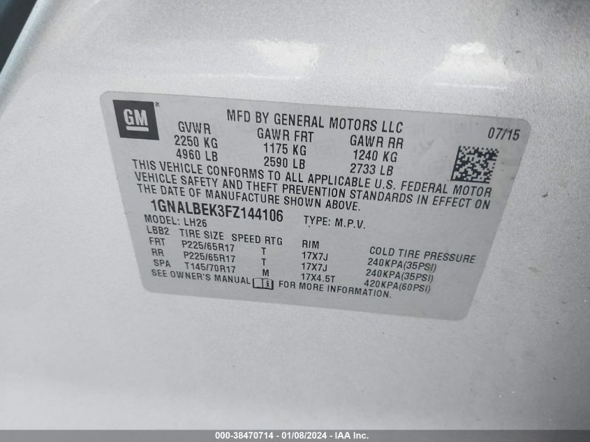 2015 CHEVROLET EQUINOX 1LT - 1GNALBEK3FZ144106