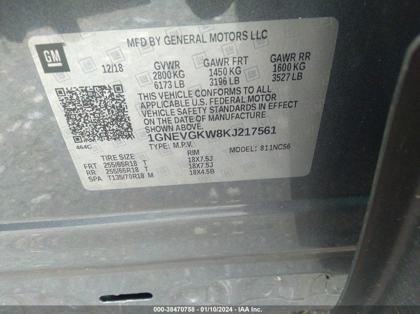 2019 CHEVROLET TRAVERSE LT - 1GNEVGKW8KJ217561
