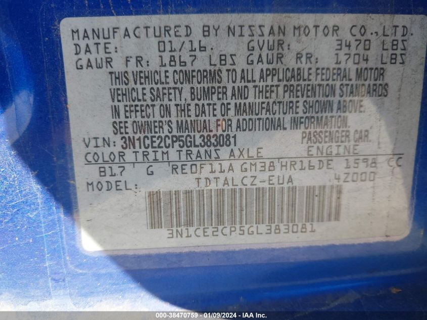 2016 NISSAN VERSA NOTE S/S PLUS/SV/SL/SR - 3N1CE2CP5GL383081