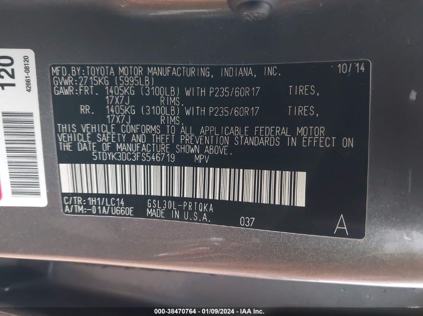 2015 TOYOTA SIENNA XLE/LIMITED - 5TDYK3DC3FS546719