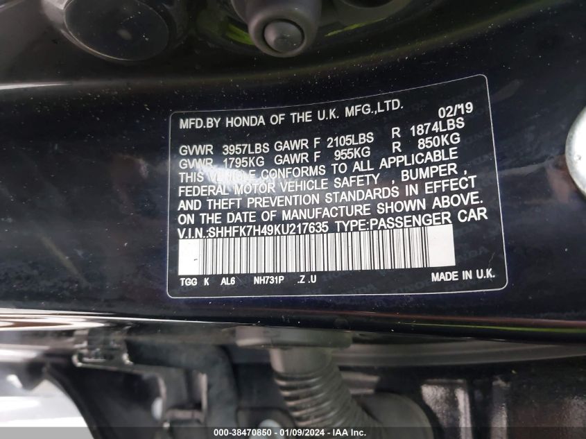 2019 HONDA CIVIC SPORT - SHHFK7H49KU217635