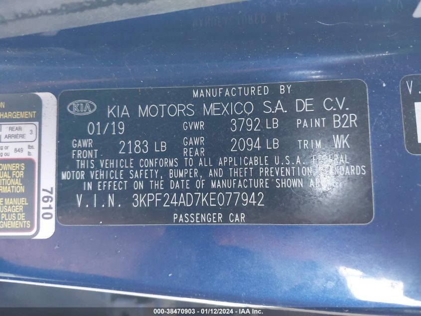 2019 KIA FORTE FE/LX/LXS - 3KPF24AD7KE077942
