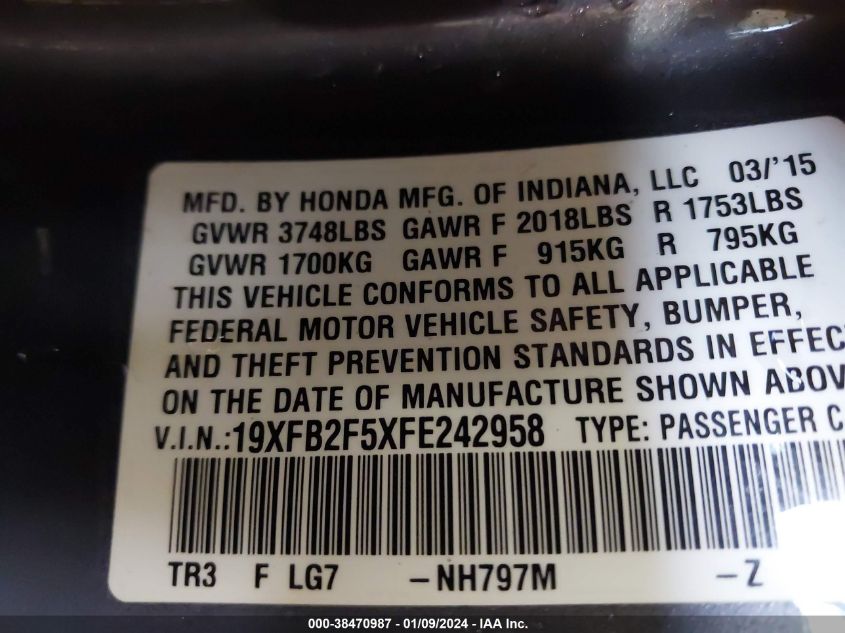 2015 HONDA CIVIC LX - 19XFB2F5XFE242958