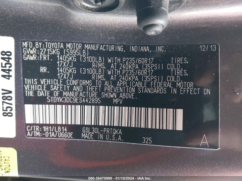 2014 TOYOTA SIENNA XLE V6 8 PASSENGER - 5TDYK3DC9ES442895