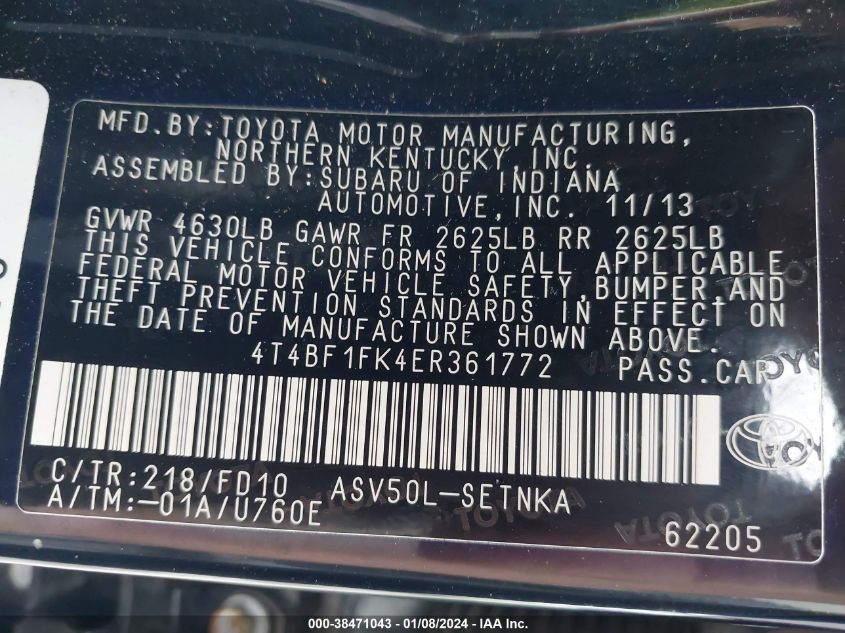 2014 TOYOTA CAMRY L/SE/LE/XLE - 4T4BF1FK4ER361772