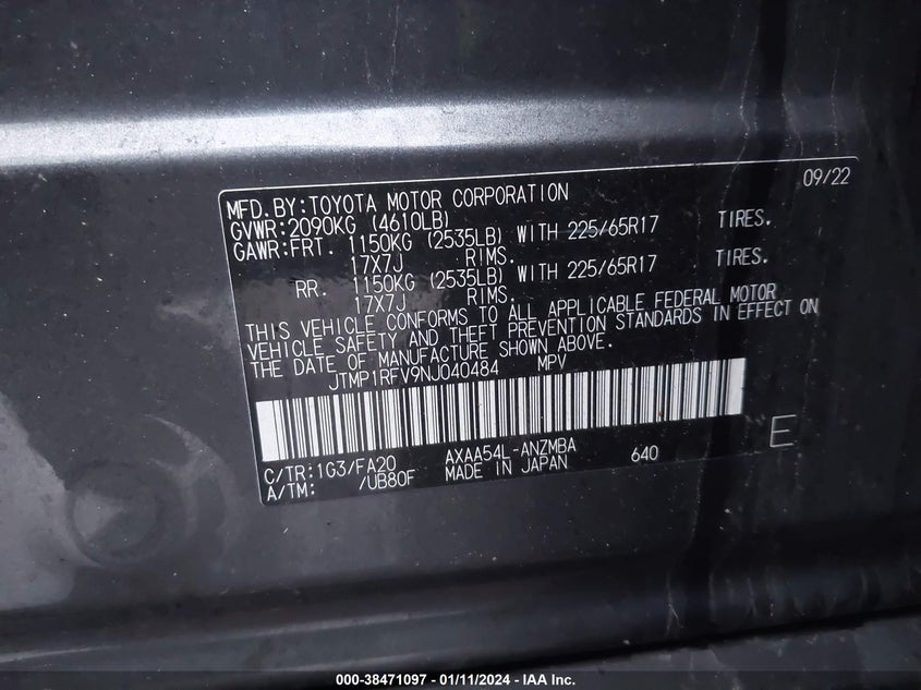 VIN JTMP1RFV9NJ040484 2022 TOYOTA RAV4 XLE/XLE PREMIUM
