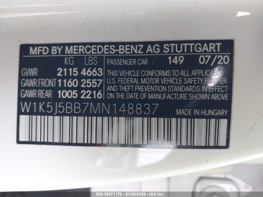 2021 MERCEDES-BENZ AMG CLA 35 4MATIC W1K5J5BB7MN148837