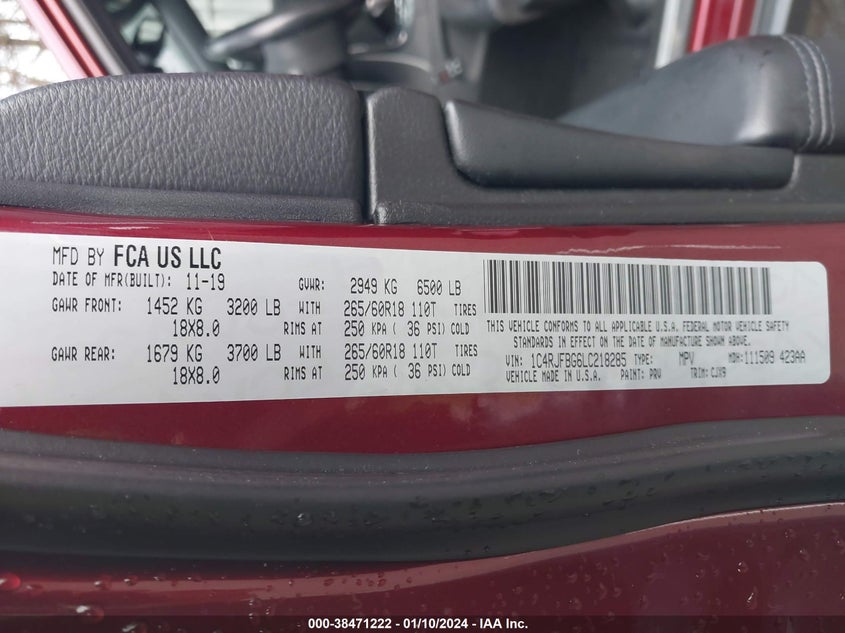 VIN 1C4RJFBG6LC218285 2020 JEEP GRAND CHEROKEE LIMITED