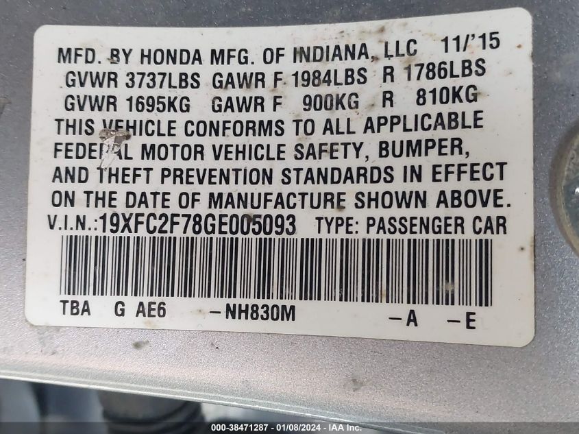 2016 HONDA CIVIC EX - 19XFC2F78GE005093