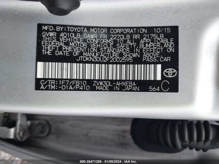 2015 TOYOTA PRIUS - JTDKN3DU2F2002595