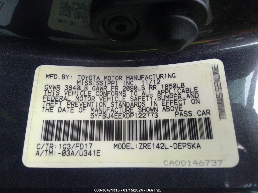 2013 TOYOTA COROLLA S/LE - 5YFBU4EEXDP122773